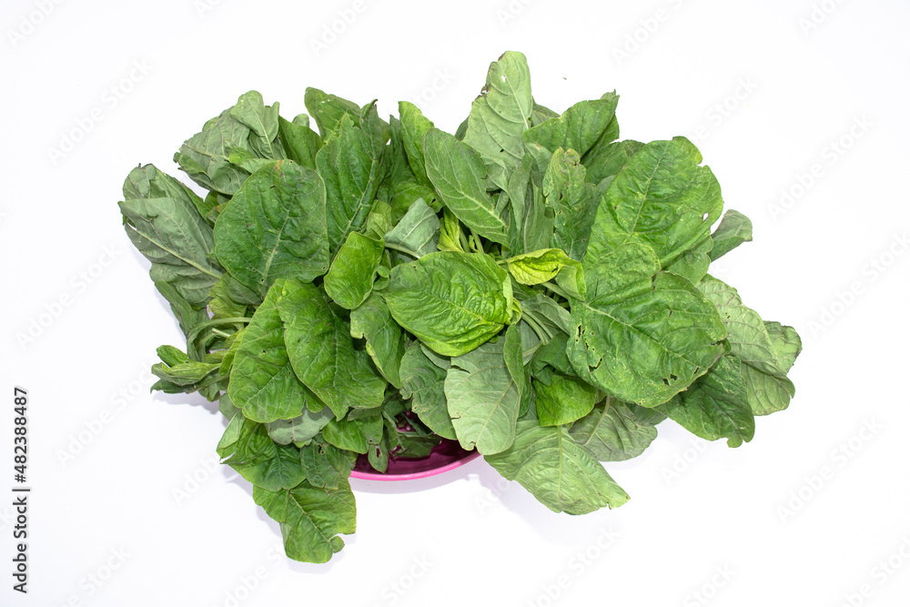 Spinaches are in a pink basket with a white background. Spinaches are in a pink basket with a white background.