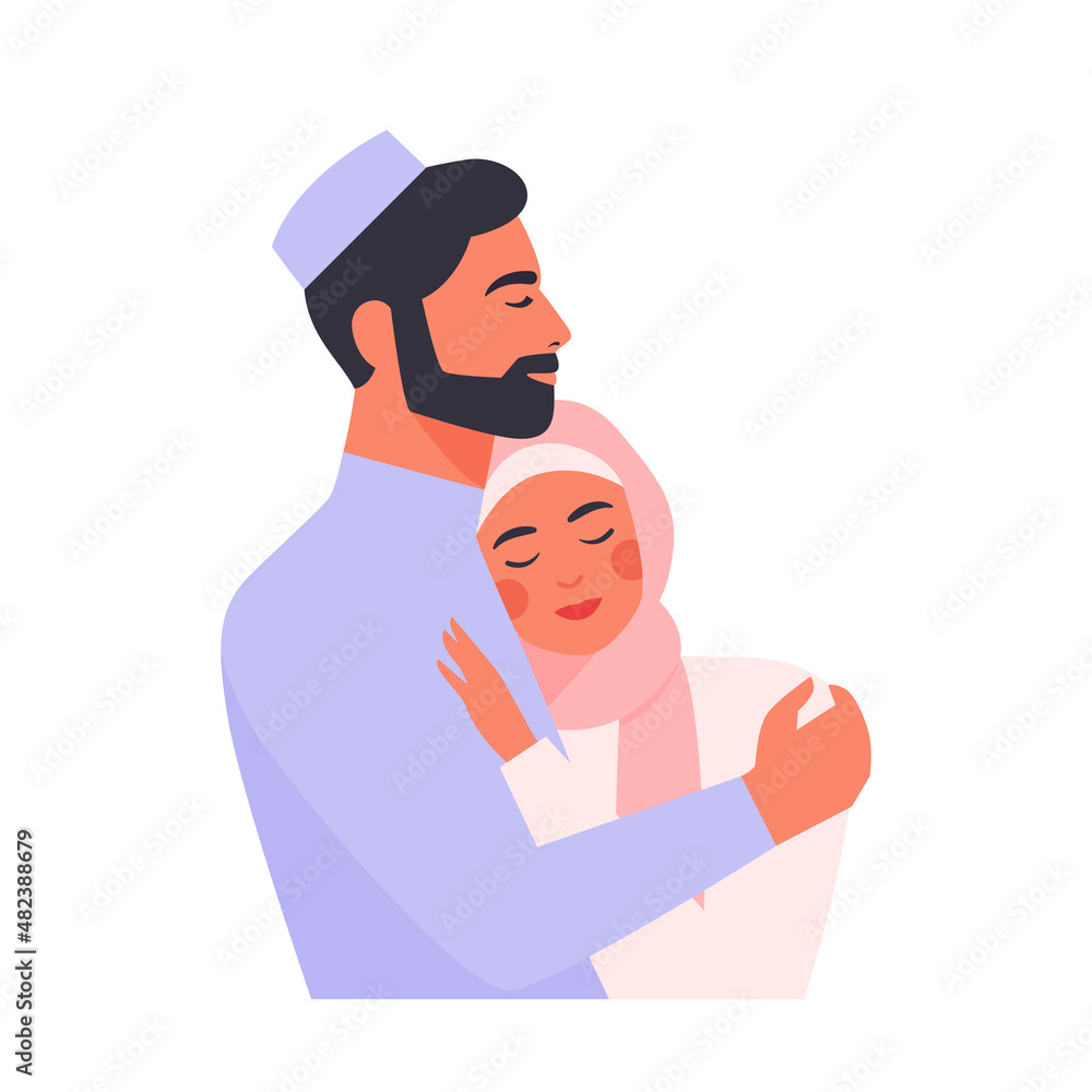 Portrait of a muslim couple. Man and woman in traditional Islamic clothing. Flat vector illustration