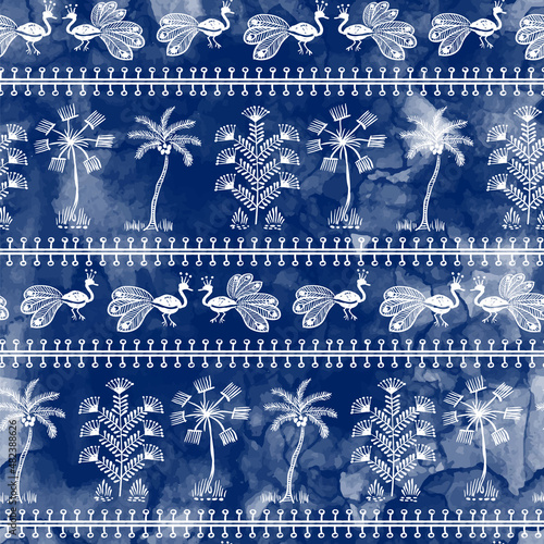 Warli Art painting seamless pattern - hand drawn traditional the ancient tribal art India. In the style of Indian kitsch matched by a rudimentary technique depicting rural life of the inhabitants of I