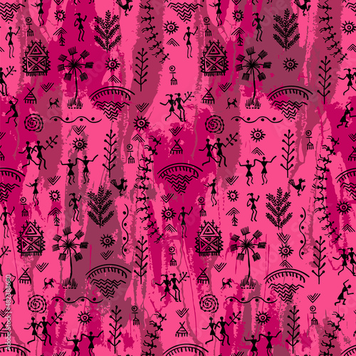 Warli Art painting seamless pattern - hand drawn traditional the ancient tribal art India. In the style of Indian kitsch matched by a rudimentary technique depicting rural life of the inhabitants of I
