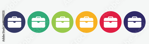 6 circles of buttons set with briefcase icon in different colors. Vector illustration.