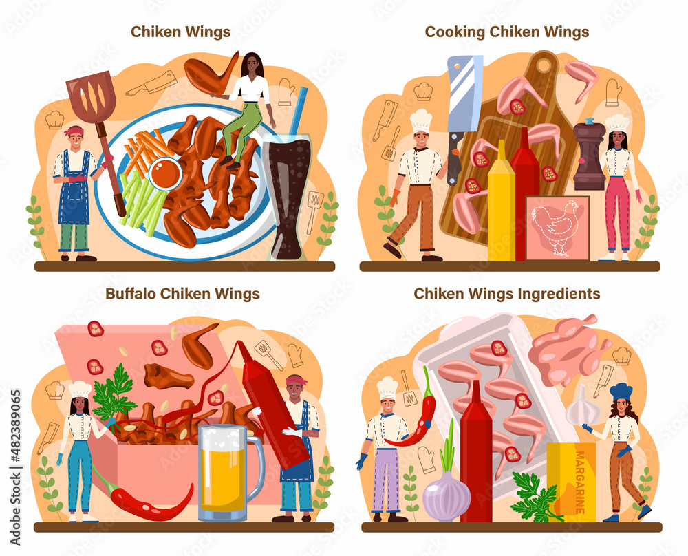 Buffalo wings concept set. Chicken wings cooking at home with butter Buffalo wings concept set. Chicken wings cooking at home with butter
