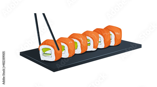 Philadelphia with salmon, cucumber, avocado, cream cheese on a black table. Japanese cuisine in the restaurant. Japanese food. Isolated on white background. Flat style. Food sticks Vector illustration