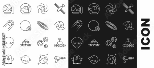 Set line Ray gun, Mars rover, Black hole, Planet, Satellite, Astronaut helmet and icon. Vector