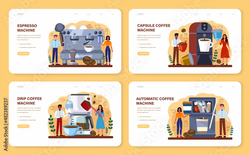 Coffee machine web banner or landing page set. Barista making a cup