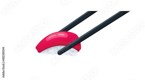 Sushi with tuna is held by black chopsticks. Japanese cuisine in the restaurant. Japanese food. Isolated on white background. Flat style. Vector illustration.