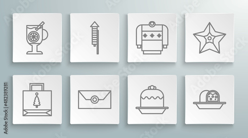 Set line Christmas paper shopping bag, Firework rocket, Envelope with christmas party invitation card, Cake, Marzipan sponge cake, sweater, star and Mulled wine glass of drink icon. Vector