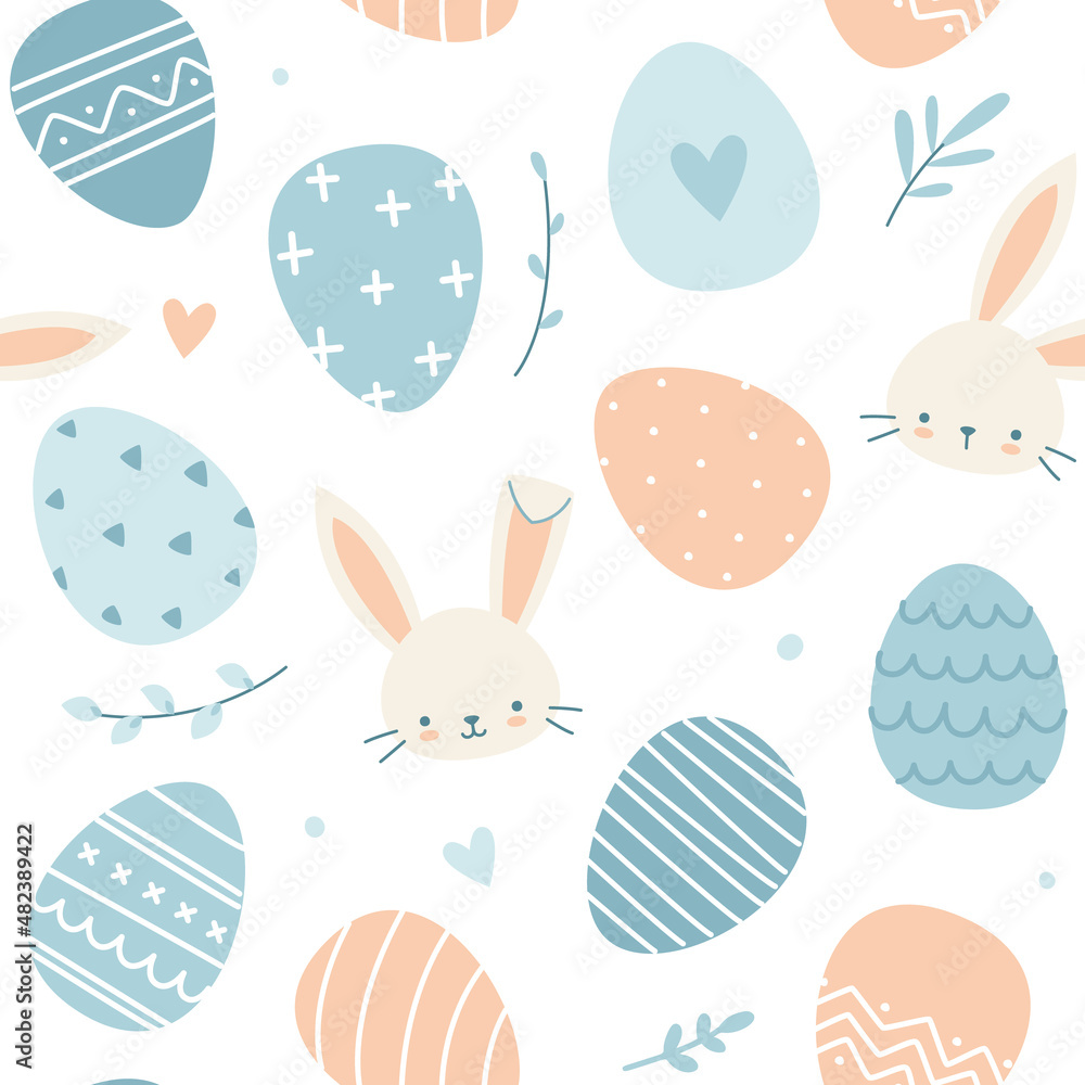 Cute easter painted eggs and bunny head pattern. Seamless doodle easter print in pastel pink and blue colors. Cute easter painted eggs and bunny head pattern. Seamless doodle easter print in pastel pink and blue colors.