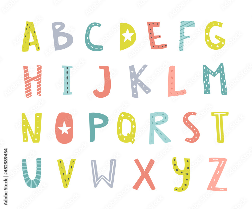 Fun curve alphabet in scandinavian style. Doodle typeface characters collections. Set of cute