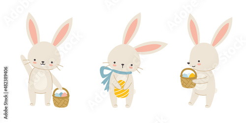 Easter cute bunny set. Collection of cartoon baby rabbits with painted eggs. Easter bundle with hare holding easter eggs.