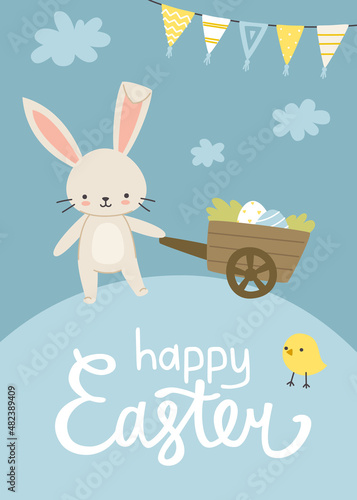 Easter poster with cartoon rabbit holding wheelbarrow with painted eggs. Greeting card with cute bunny and calligraphy lettering.