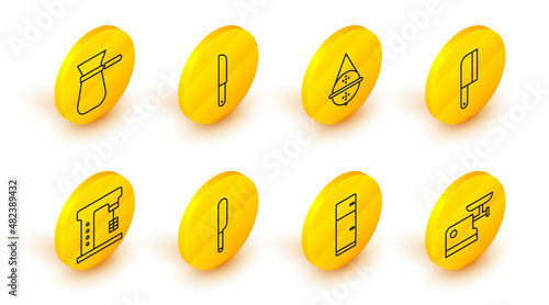 Set line Kitchen meat grinder, Refrigerator, Knife, Electric mixer, Meat chopper, Ball tea strainer, and Coffee turk icon. Vector
