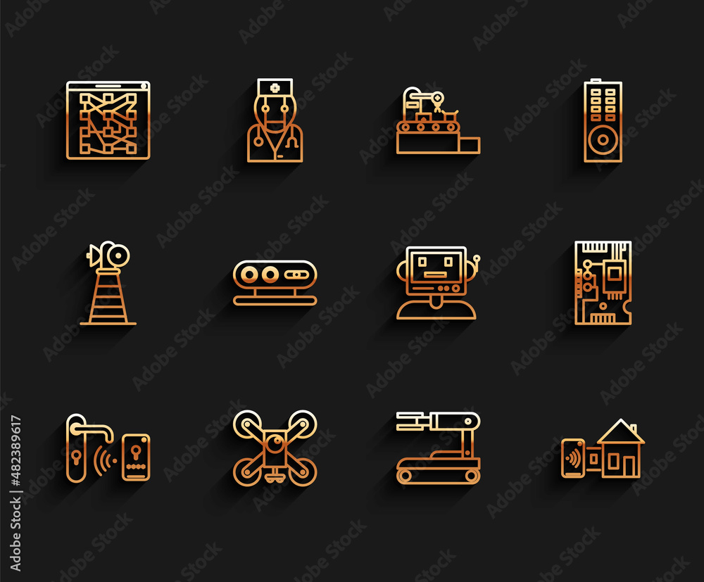 Set line Digital door lock with wireless technology for unlock, Global social network, Robot, Smart home, 3d scanning system, Electronic computer components motherboard digital chip and icon. Vector Set line Digital door lock with wireless technology for unlock, Global social network, Robot, Smart home, 3d scanning system, Electronic computer components motherboard digital chip and icon. Vector