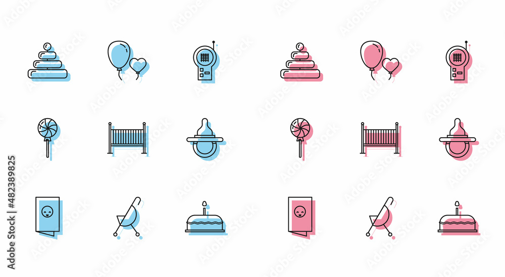 Set line Baby shower invitations card, poster, stroller, Pyramid toy, Cake with burning candles, crib cradle bed, dummy pacifier, Lollipop and Balloons form of heart icon. Vector Set line Baby shower invitations card, poster, stroller, Pyramid toy, Cake with burning candles, crib cradle bed, dummy pacifier, Lollipop and Balloons form of heart icon. Vector