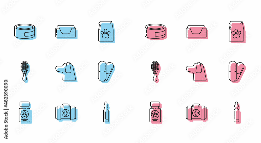Set line Dog medicine bottle and pills, Pet first aid kit, Canned food, Pets vial medical, Hair brush for dog cat and bed icon. Vector Set line Dog medicine bottle and pills, Pet first aid kit, Canned food, Pets vial medical, Hair brush for dog cat and bed icon. Vector