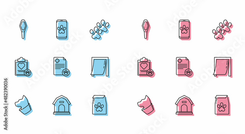 Set line Cat, Dog house, Pets vial medical, Bag of food for pet, Clipboard with clinical record, Door, and Online veterinary symbol icon. Vector