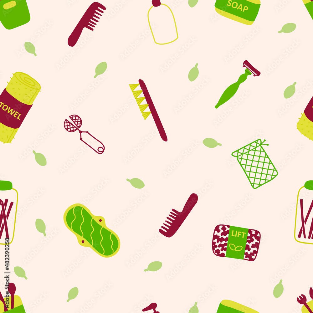 Zero waste products flat seamless pattern. Sustainable lifestyle items cartoon texture. Zero waste products flat seamless pattern. Sustainable lifestyle items cartoon texture.
