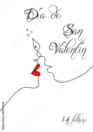 Tarjeta o pancarta para desear un feliz día de San Valentín el 14 de febrero en negro con el contorno de un rostro de un hombre y una mujer en negro sobre un fondo blanco y corazones pequeños