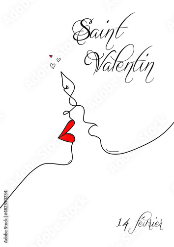 Carte ou bandeau pour souhaiter une bonne saint valentin le 14 février en noir avec le contour d'un visage d'un homme et d'une femme en noir sur un fond blanc et des petit coeurs
