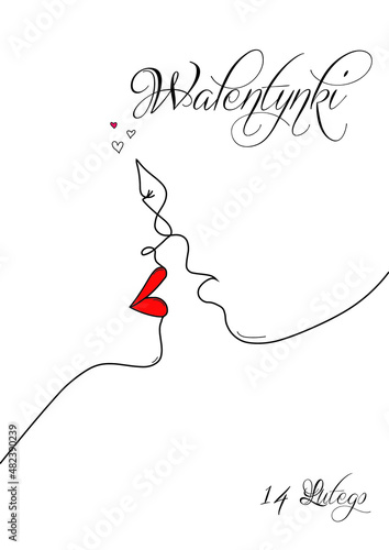 Kartka lub baner z życzeniami szczęśliwych walentynek 14 lutego w kolorze czarnym z konturem twarzy mężczyzny i kobiety w czerni na białym tle i małymi serduszkami