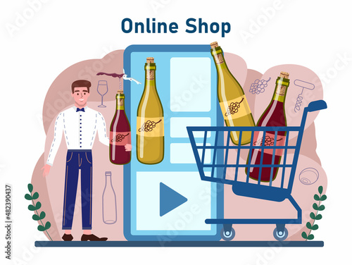 Wine online service or platform. Grape wine in a bottle and glass