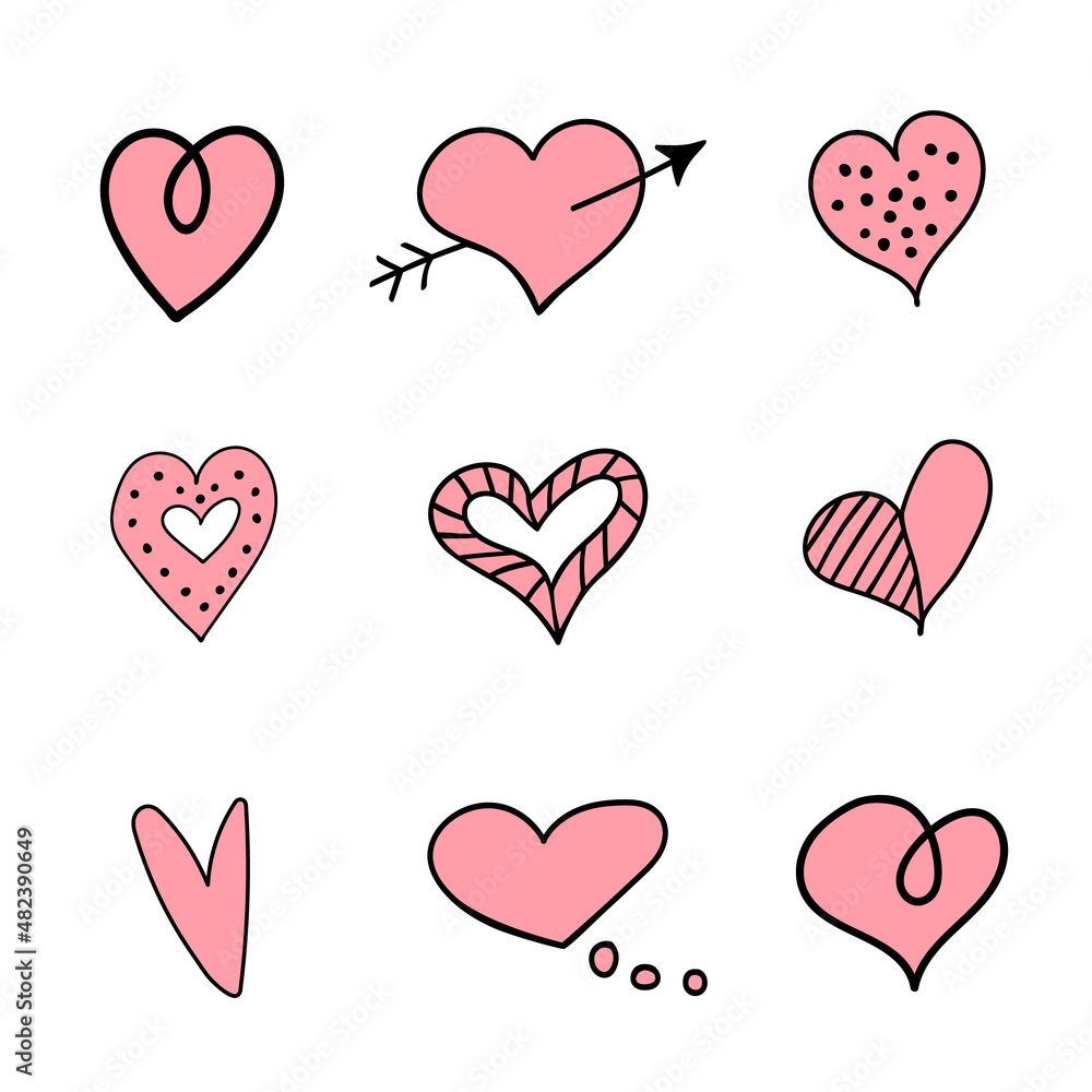 Set of nine pink hearts. Color doodle elements for greeting cards, stickers and posters. Hand drawn doodle illustration. EPS 10