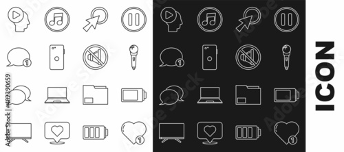 Set line Like and heart, Battery charge level indicator, Microphone, Arrow cursor, Smartphone, mobile, Speech bubble chat, Head people with play button and Speaker mute icon. Vector