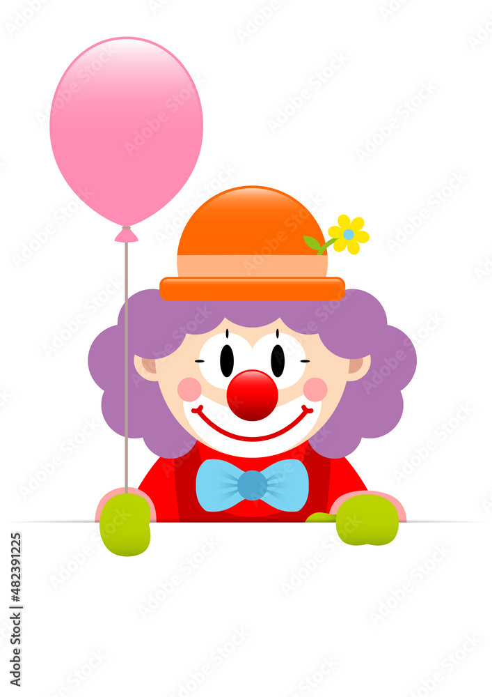 Clown Lila Haare Hält Pinken Luftballon Banner Clown Lila Haare Hält Pinken Luftballon Banner