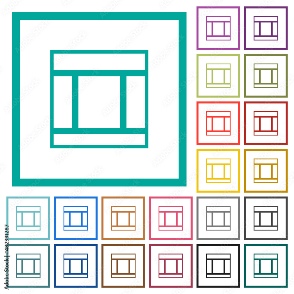 Three columned web layout outline flat color icons with quadrant frames