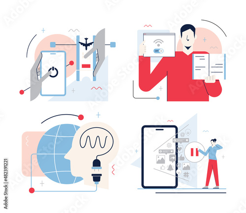 Information and digital detox set. Characters taking rest from digital