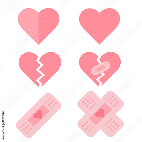 Set of pink hearts, broken heart and fixed with bandage. concept of a broken heart and unrequited love. Valentines day, romantic or wedding concept.