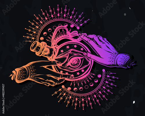 Vector illustration, magic crystals in bottle, spirituality and occultism, Handmade, print, background  chalkboard
