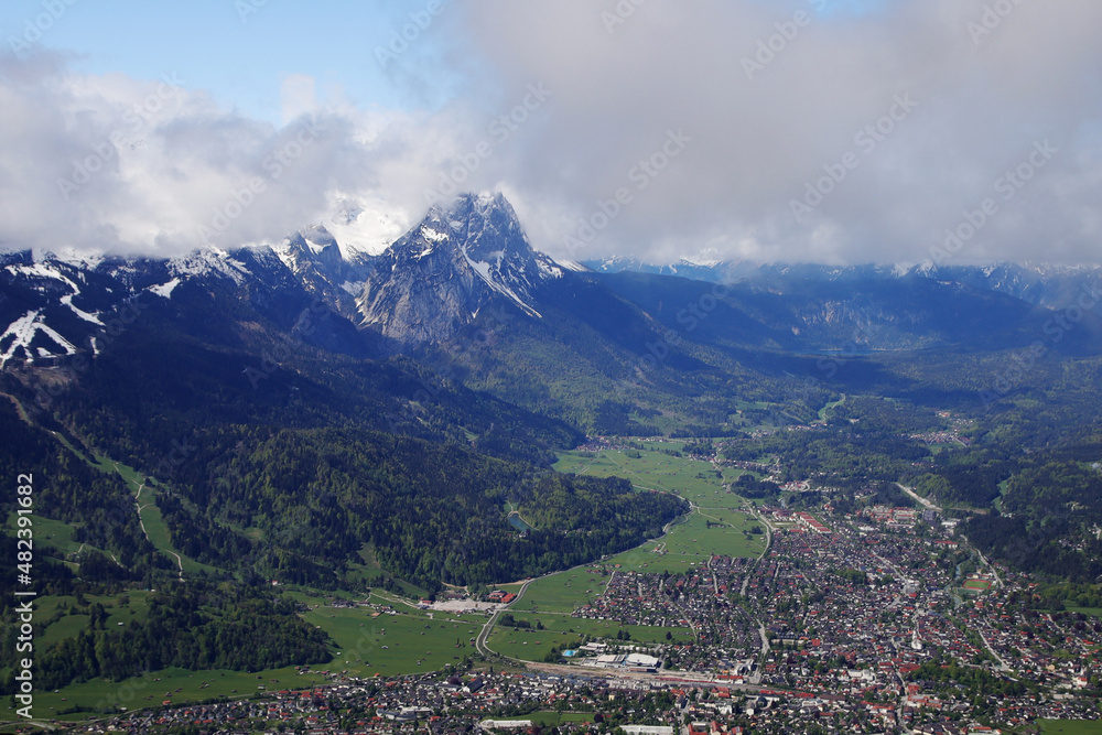 Fototapeta premium The view of Zugspitze mountain from Wank pick, Germany, Bavaria