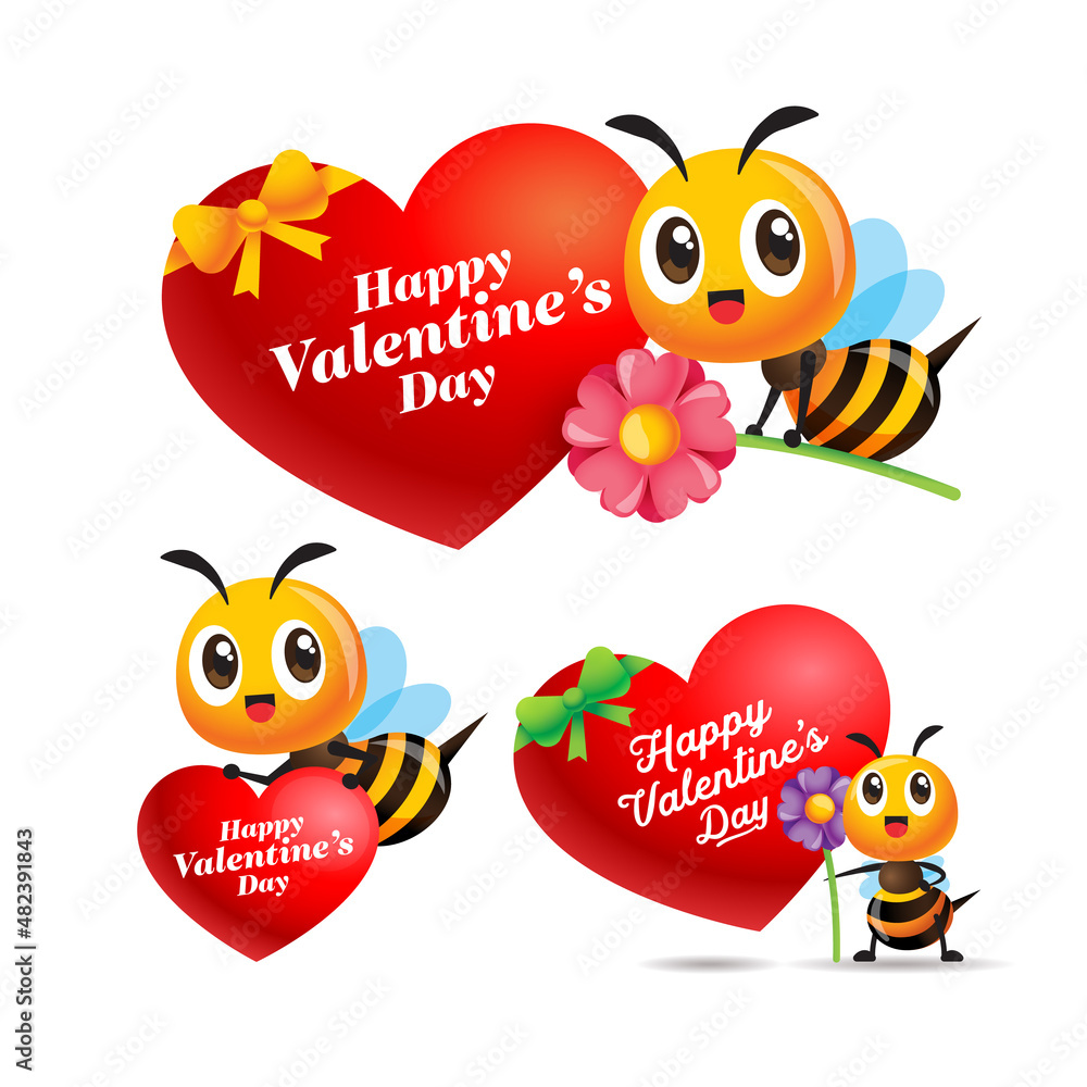 Happy Valentine's Day. Collection of cartoon cute bee with big love shape.  Valentine greeting on heart shape. Character mascot set Stock Vector |  Adobe Stock