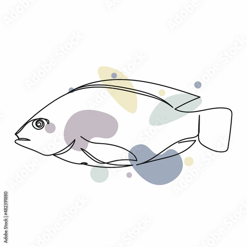 Continuous one simple single abstract line drawing of tilapia fresh fish icon in silhouette on a white background. Linear stylized.