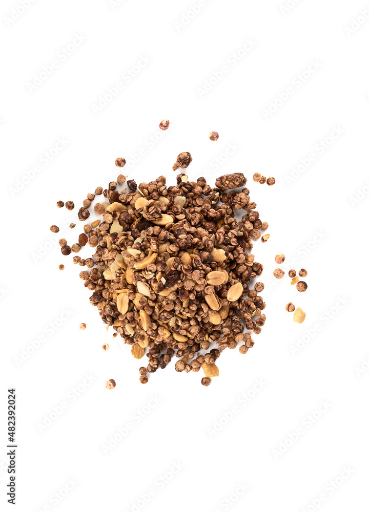Top view of muesli with nuts on a white background. Top view of muesli with nuts on a white background.
