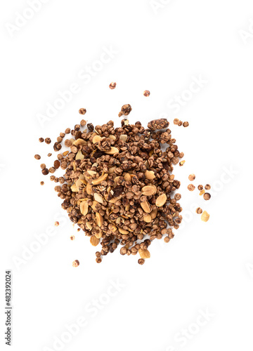 Top view of muesli with nuts on a white background.