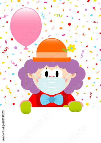Clown Maske Lila Haare Hält Roten Luftballon Banner Luftschlangen Und Konfetti