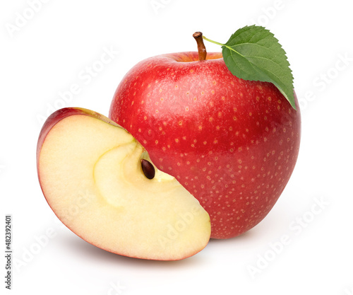 Red apple with leaves and slices isolated on white background