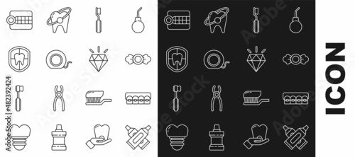 Set line Crossed tube of toothpaste, Teeth with braces, Candy, Toothbrush, Dental floss, protection, Dentures model and Diamond teeth icon. Vector