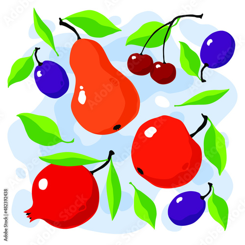 Stylized illustration of fruits with leaves. Ripe pear, apple, plum and cherry.
