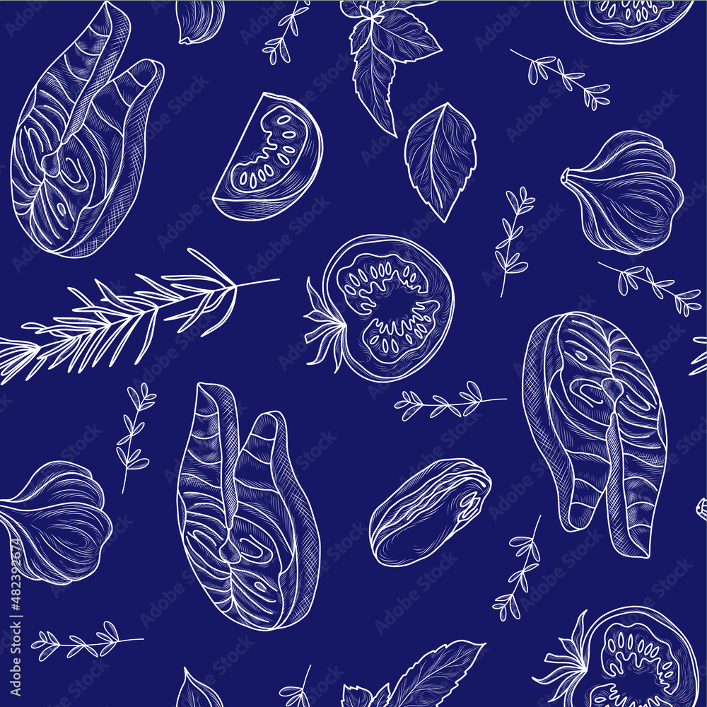 Hand drawn seamless texture with salmon, tomato, thyme, rosemary, mint, mussels illustrations, bluecolor