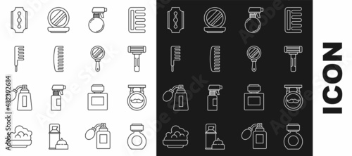 Set line Aftershave, Barbershop, Shaving razor, Hairdresser pistol spray bottle, Hairbrush, Blade and Hand mirror icon. Vector