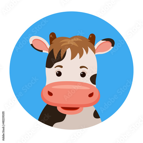 Cow in a circle background. Character design in cartoon style.