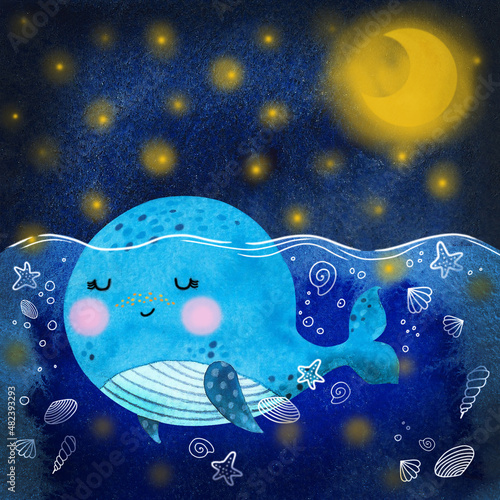 Watercolor cartoon baby whale in a sailor hat and yellow moon. Under the sea on a starry night. Hand draw isolated illustrations.