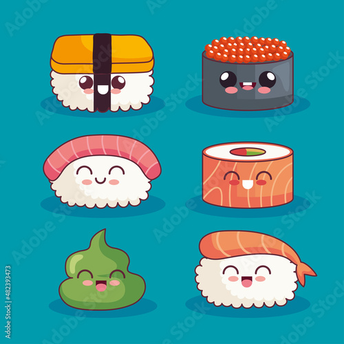 six cute sushi kawaii icons