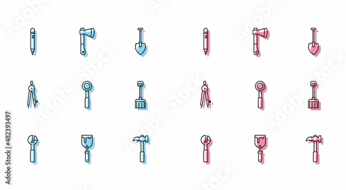 Set line Adjustable wrench, Putty knife, Pencil with eraser, Claw hammer, Wrench spanner, Snow shovel, Drawing compass and Wooden axe icon. Vector