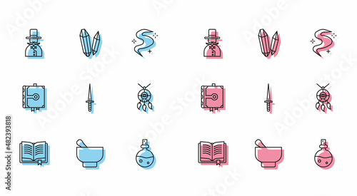 Set line Ancient magic book, Magic mortar and pestle, Magician, Bottle with love potion, Dagger, Dream catcher feathers, and stone icon. Vector