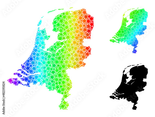 Spectral gradiented stars collage map of Netherlands. Vector colorful map of Netherlands with spectral gradients. Mosaic map of Netherlands collage is organized with random colorful star items.