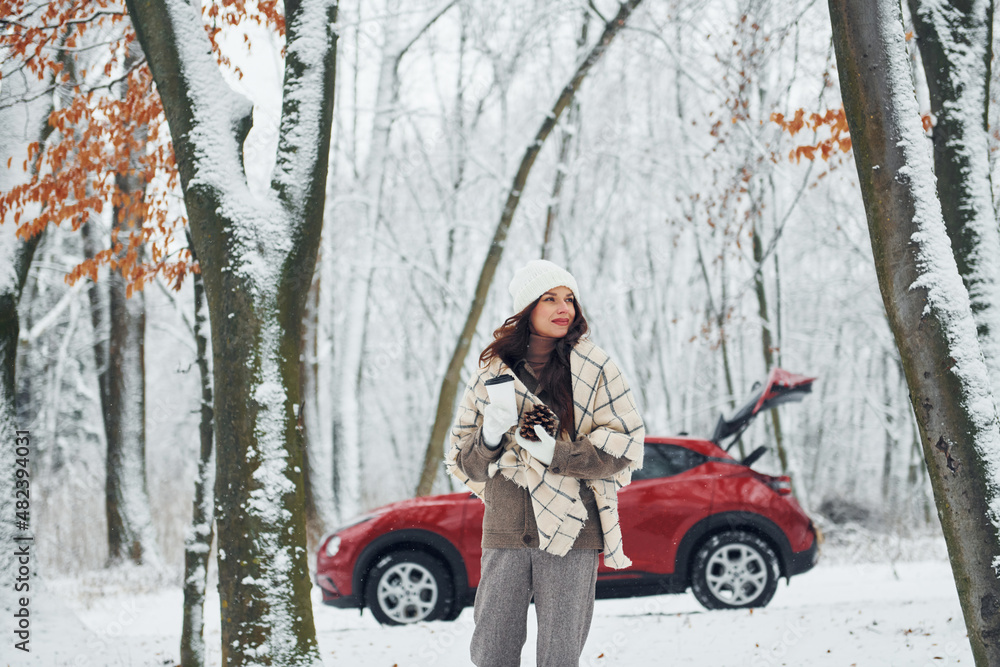 Having a walk in the forest. Beautiful young woman is outdoors near her red automobile at winter time